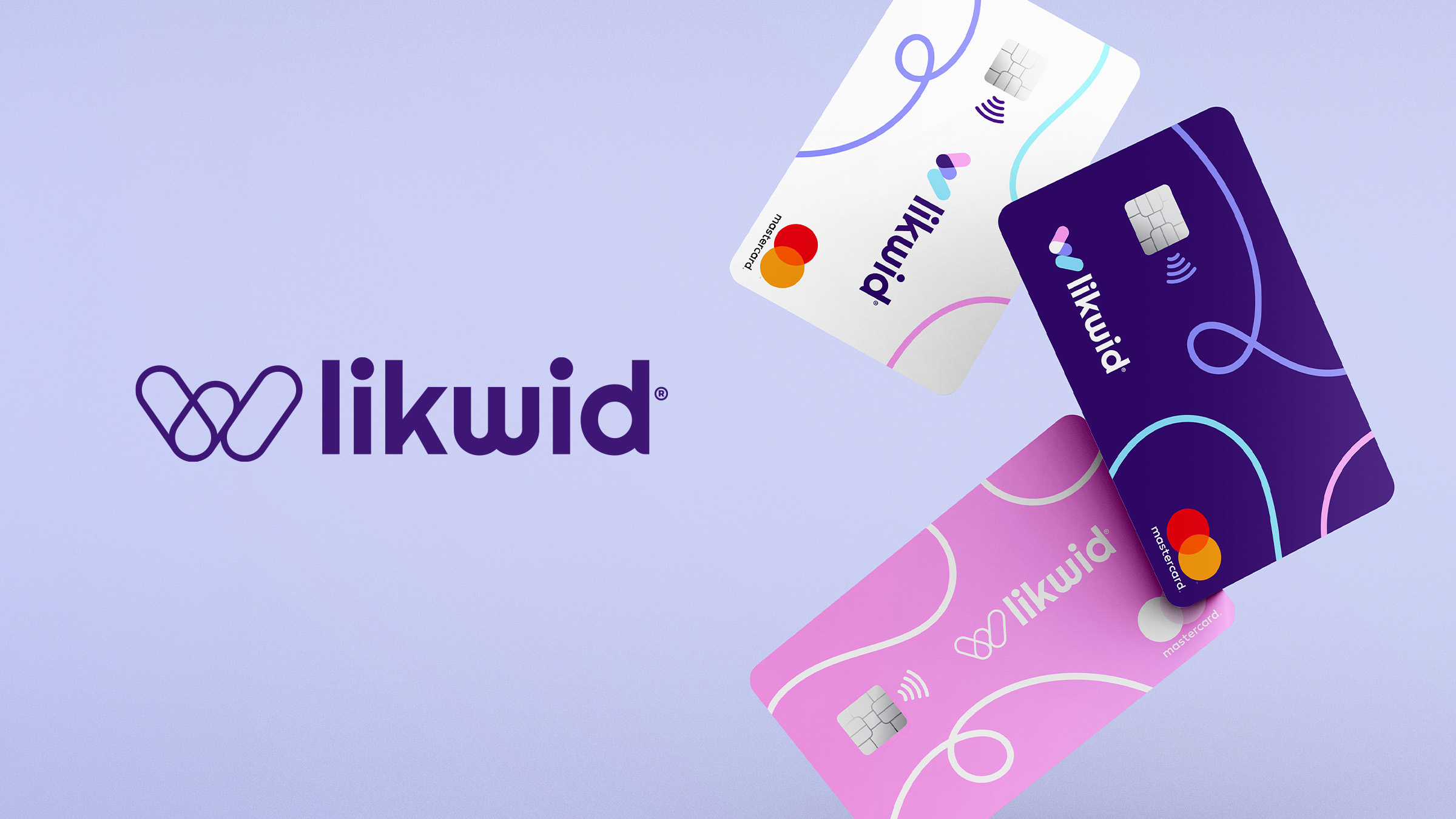 Logotipo de Likwid junto a tres tarjetas bancarias con la identidad de la marca